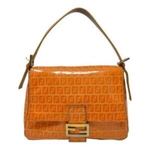 Fendi Zucchino Mama Forever Patent Leather Orange Baguette Shoulder Bag